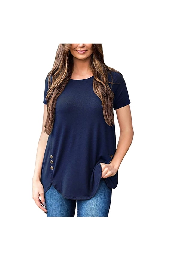Hide Belly Loose Tunic Shirts for Women Solid Casual Side Split Summer Outfit Crewneck Baggy Pullover Tops for Outing