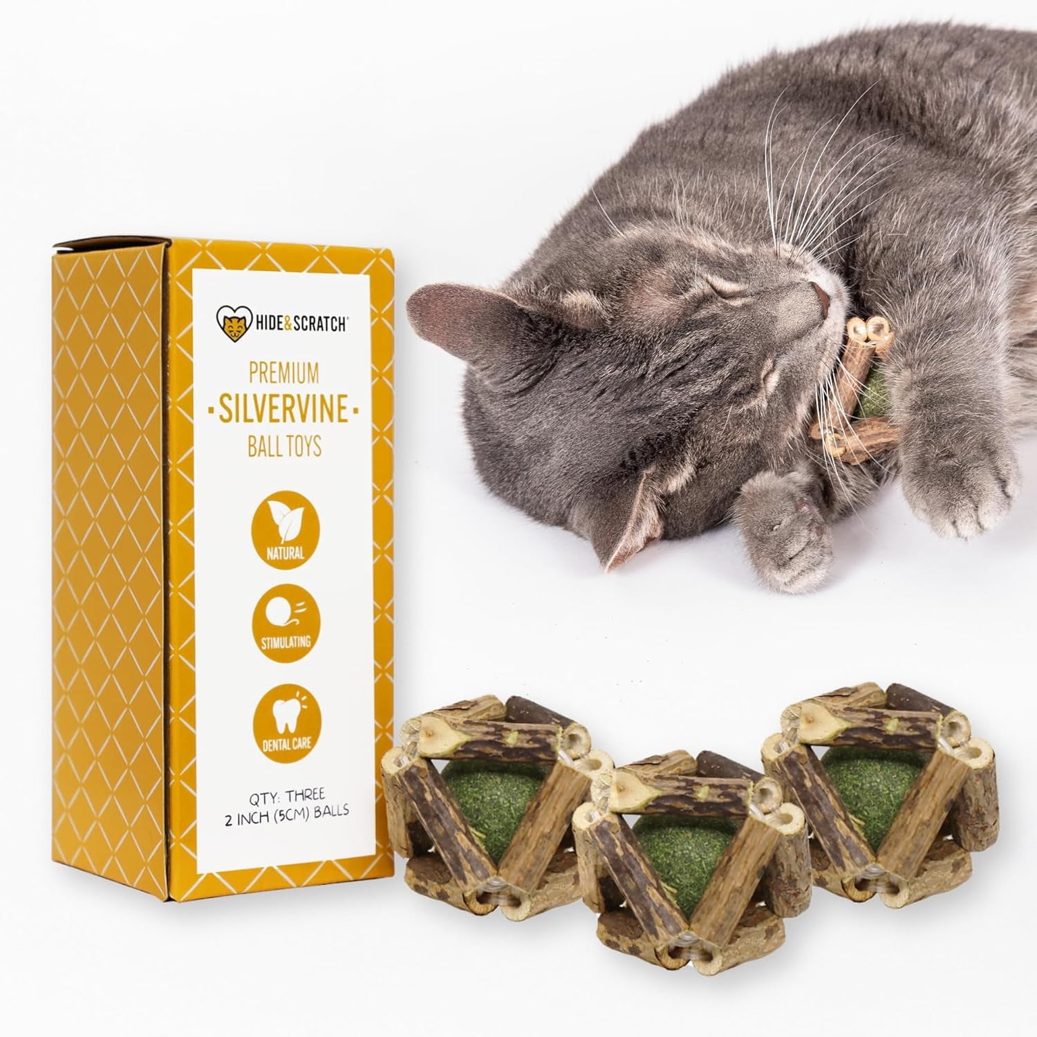 Image showcasing Hide & Scratch 3 Pack of Premium Silvervine and Catnip Rattle Ball Toys ...