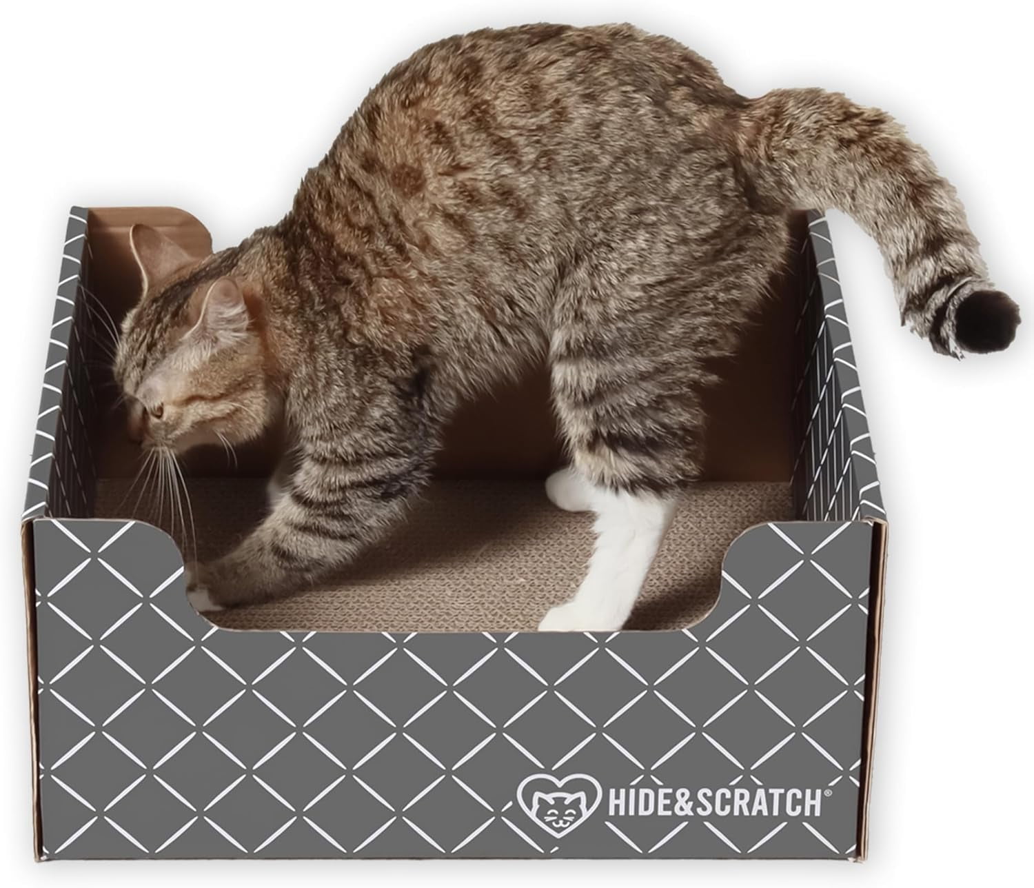 Hide & Scratch: Extra-Large Heavy Duty Cardboard Cat Scratcher and Lounger Box with Refillable Scratch Pad (Dark Grey Diamond)