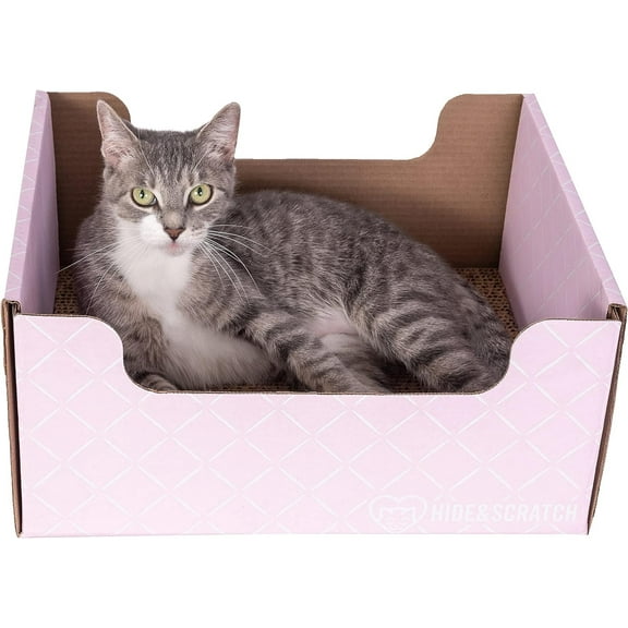 Hide & Scratch: Extra-Large Heavy Duty Cardboard Cat Scratcher and Lounger Box with Refillable Scratch Pad (Light Pink Diamond)