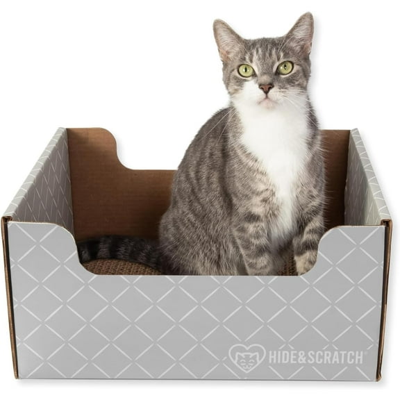 Hide & Scratch: XL Heavy Duty Cardboard Cat Scratcher Bed with Refillable Scratch Pad (Light Grey Diamond)