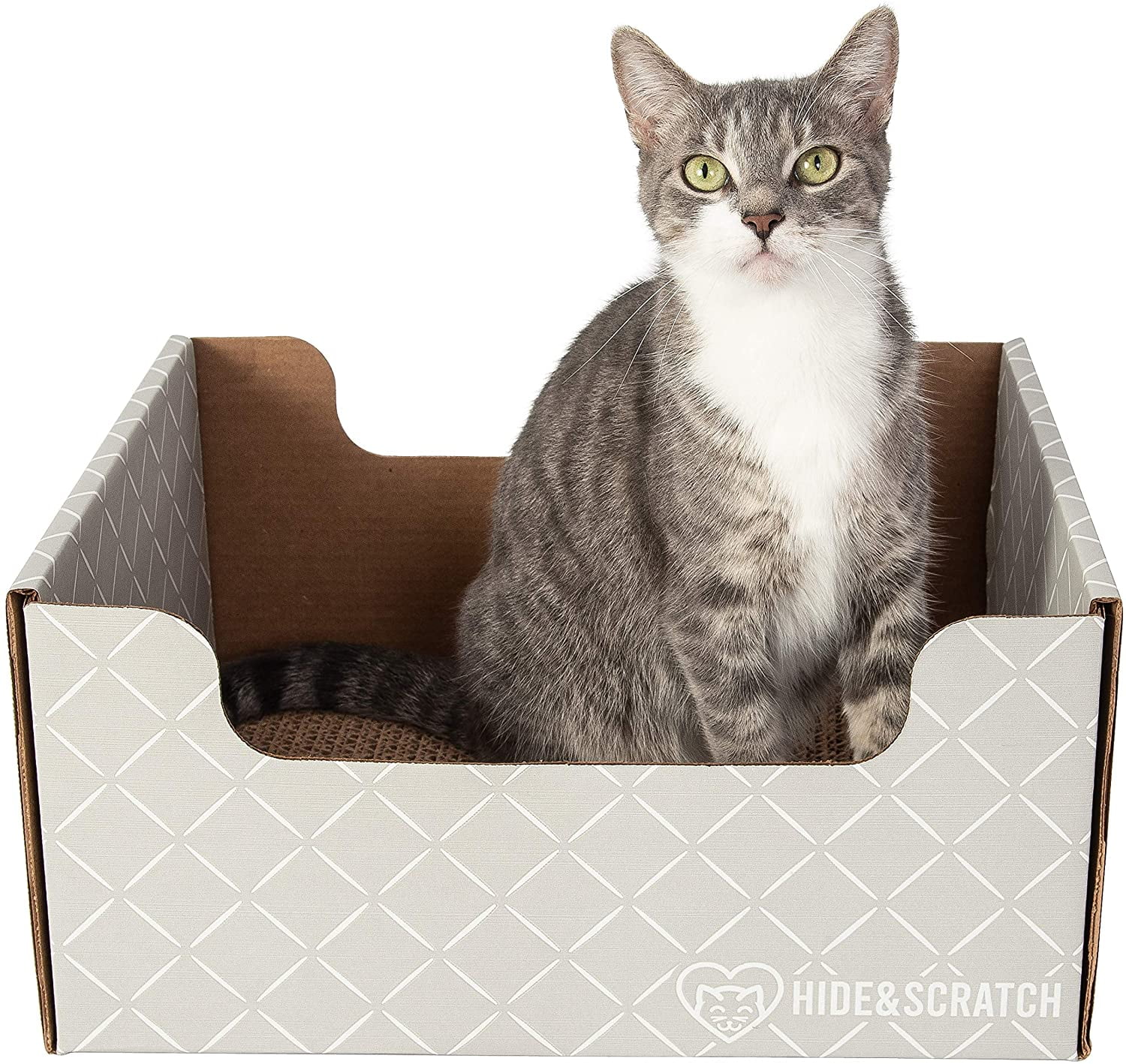 Hide & Scratch: XL Heavy Duty Cardboard Cat Scratcher Bed with Refillable Scratch Pad (Light Grey Diamond)