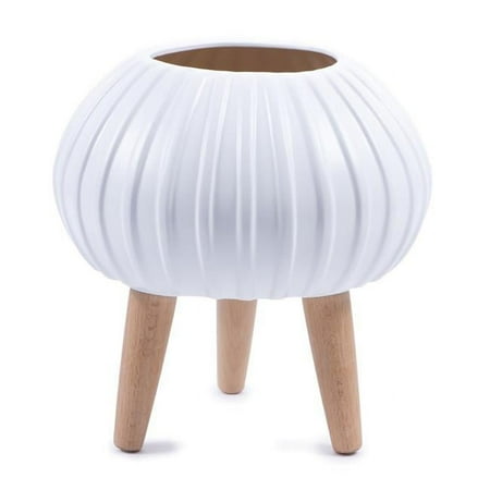 Hide & Seek Supply 4014 Bloom Ceramic Planter with Beech Wood Legs, Textured Cream