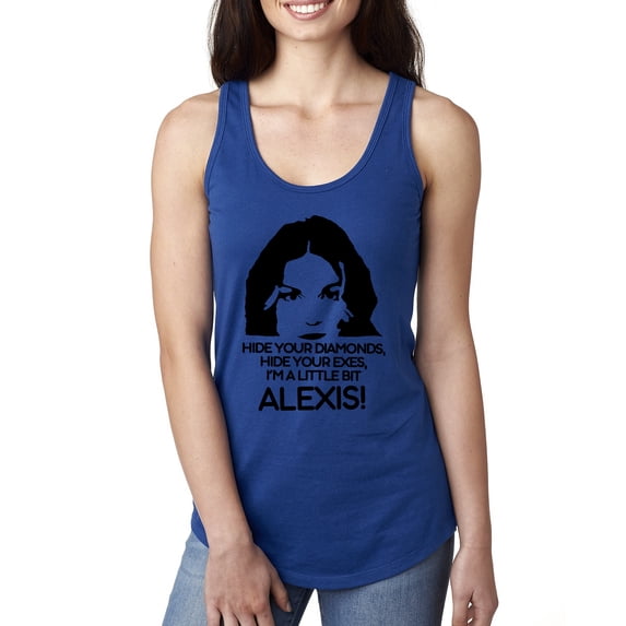 Hide Your Diamonds Exes from Alexis Quote Pop Culture Ladies Racerback Tank Top, Royal, Medium