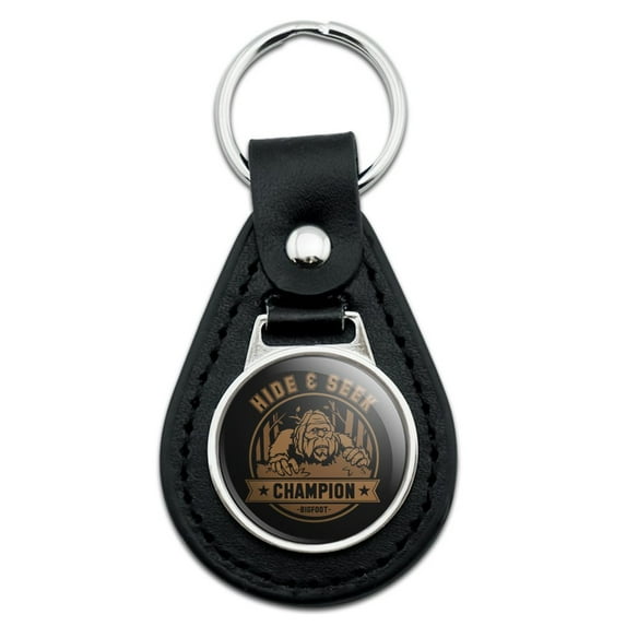 Hide and Seek Champion Bigfoot Sasquatch Funny Black Leather Keychain