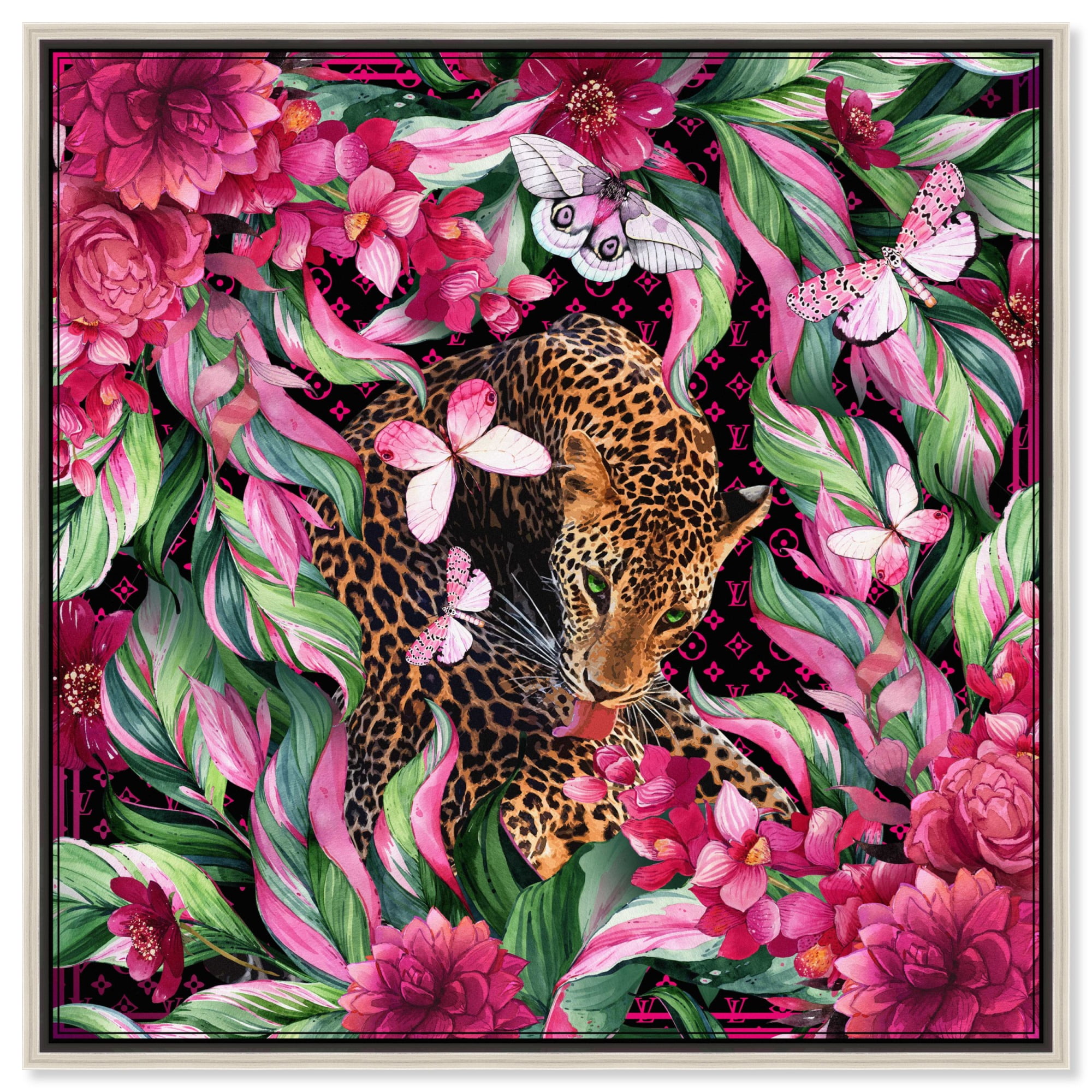 Hideout in The Jungle Pink and Green Canvas Art with Silver Frame