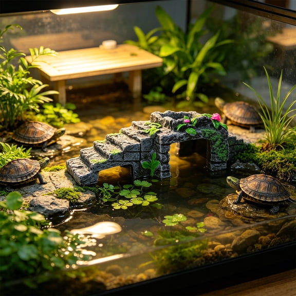 Hideout, Terrarium Decoration Tree House Cave with Rock Basking Terrace, Plastic Climbing Shelter for Turtles Lizards Aquarium Tank