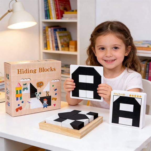Hiding Blocks Wooden Puzzle Toy, 16 Building Blocks & 80 Challenge Cards For Spatial Thinking & Parent-Child Interaction, Portable Educational Toy For Kids Home Travel Play