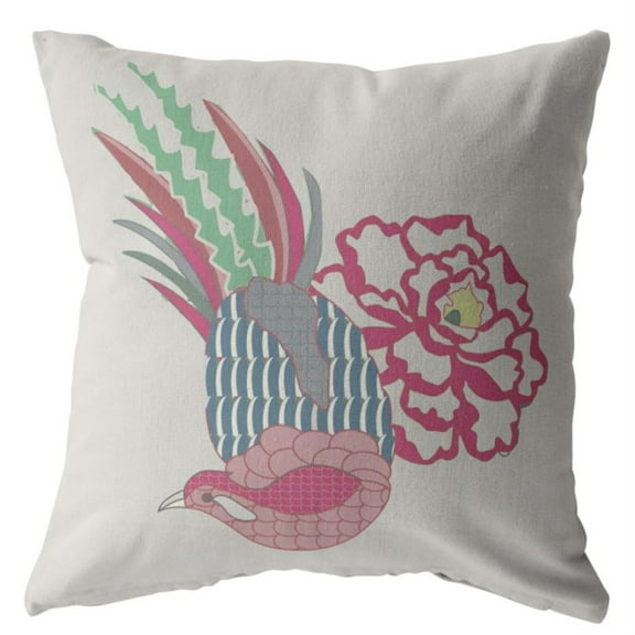 Hiding Peacock Throw Pillow with Removable Cover in Pink on White 16x16