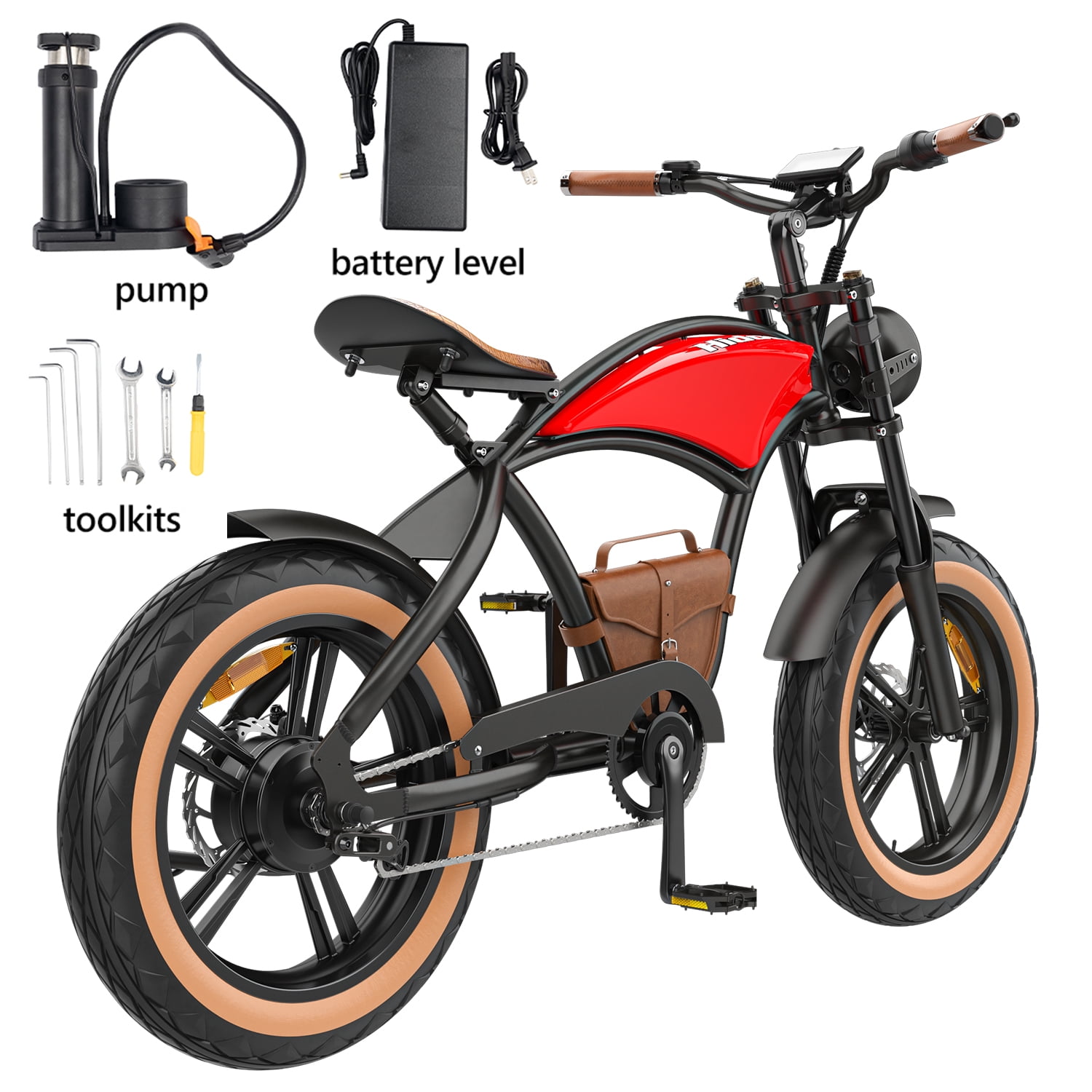 Hidoes Electric Bike for Adults, 1000W Commute E-bike with 20" Fat Tire & Faux Crocodile Leather Seat, Snow Bikes Retro Commuting Ebike with Leather Bag & Cruise Control