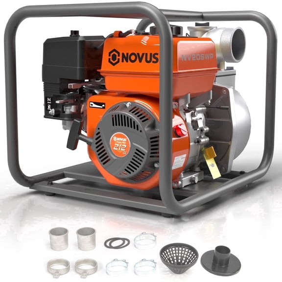 NOVUS 2 inch Semi Trash Pump, 212cc 4 Cycle Engine, 141 GPM 100ft Lift 23ft Suction, Gas Powered Water Pump for Pond Pool Draining Gardening Irrigation, EPA Certified