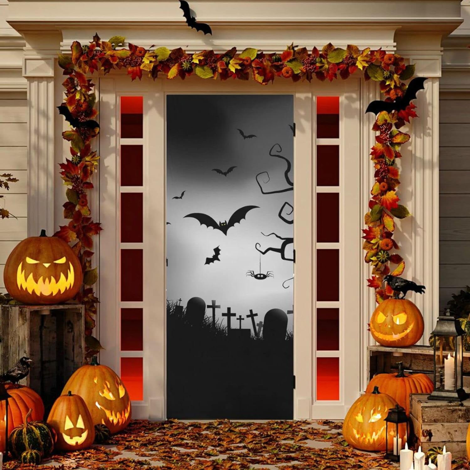 Hidove 3D Halloween Horror Cemetery Bat Door Cover Washable High