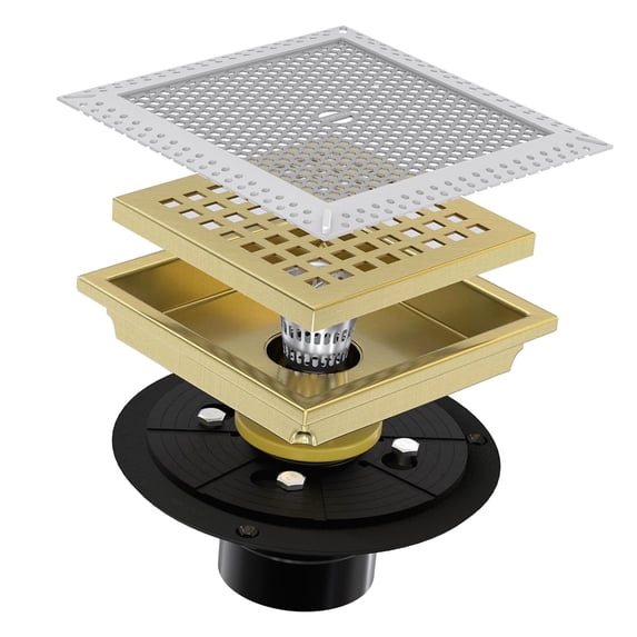 4-Inch Square Shower Floor Drain With Flange – 304 Stainless Steel, Quadrato Grate, Hair Catcher, Brushed Gold