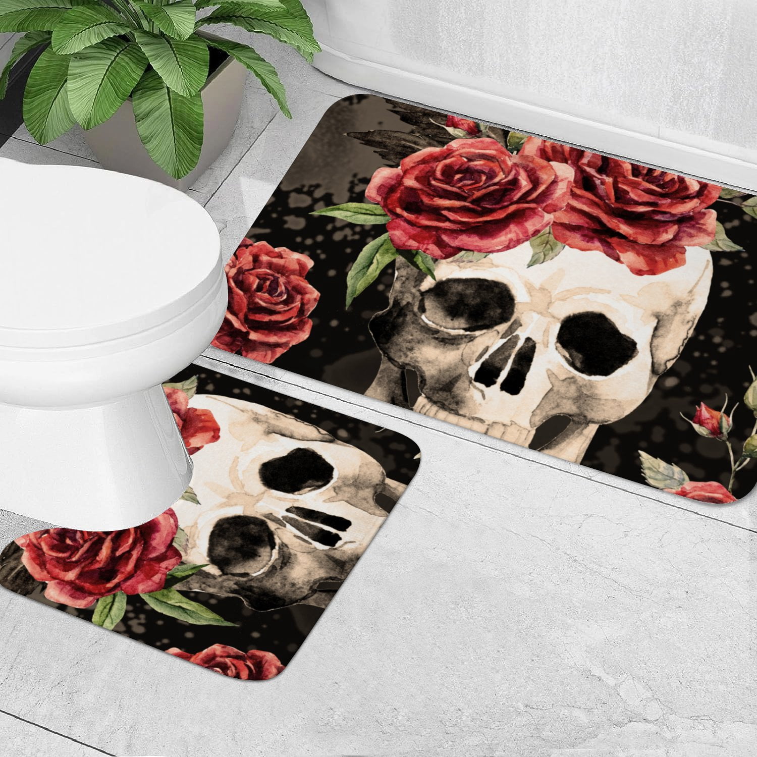 Hidove Bathroom Rug Set 2 Piece, Watercolor Pattern Gothic Skull and ...