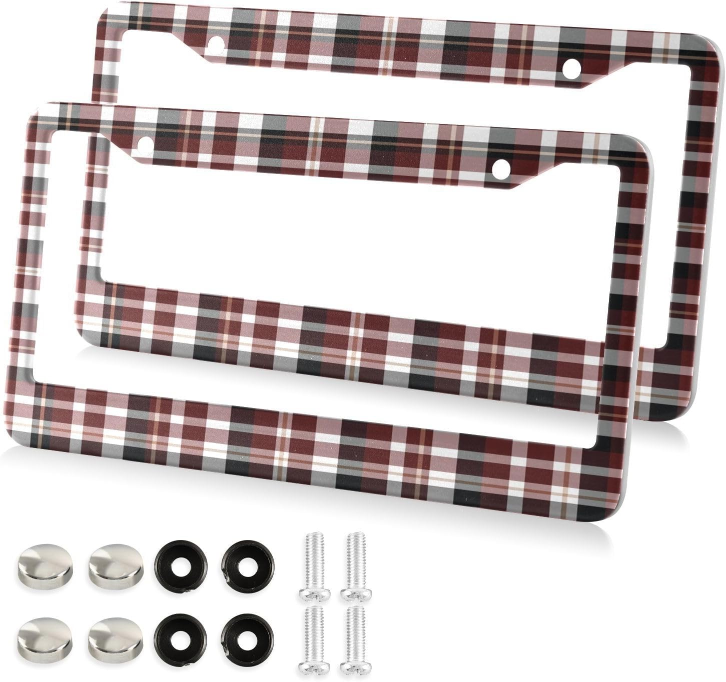 Hidove Brown Buffalo Plaid License Plate Frame 2 PCs Universal Aluminum