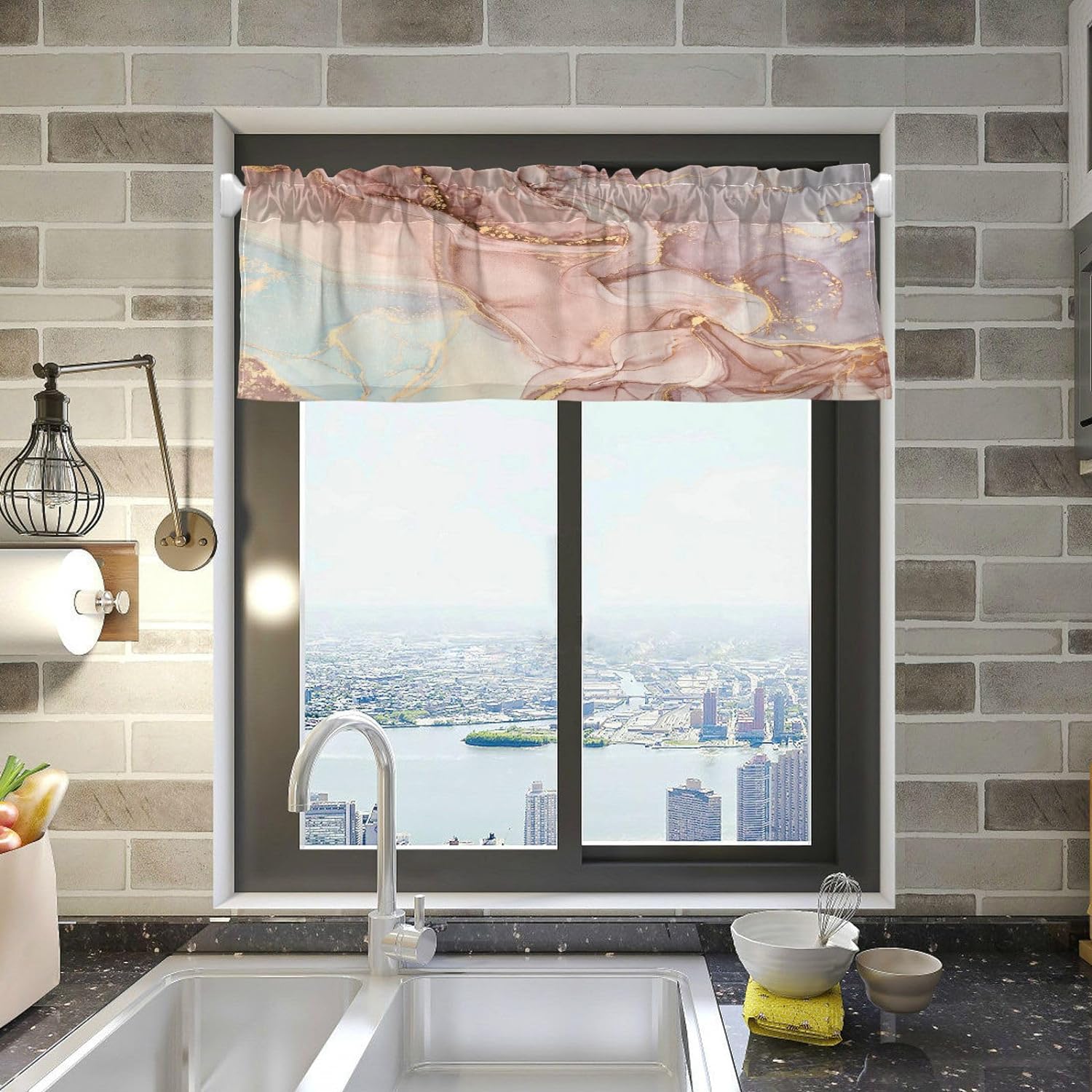 Hidove Gold Pink Marble Texture Valance Curtains for Kitchen or