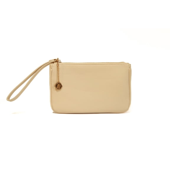 RittZi Caia Signature Pebbled Wristlet Vegan Leather Opal Beige with Metal Logo Charm