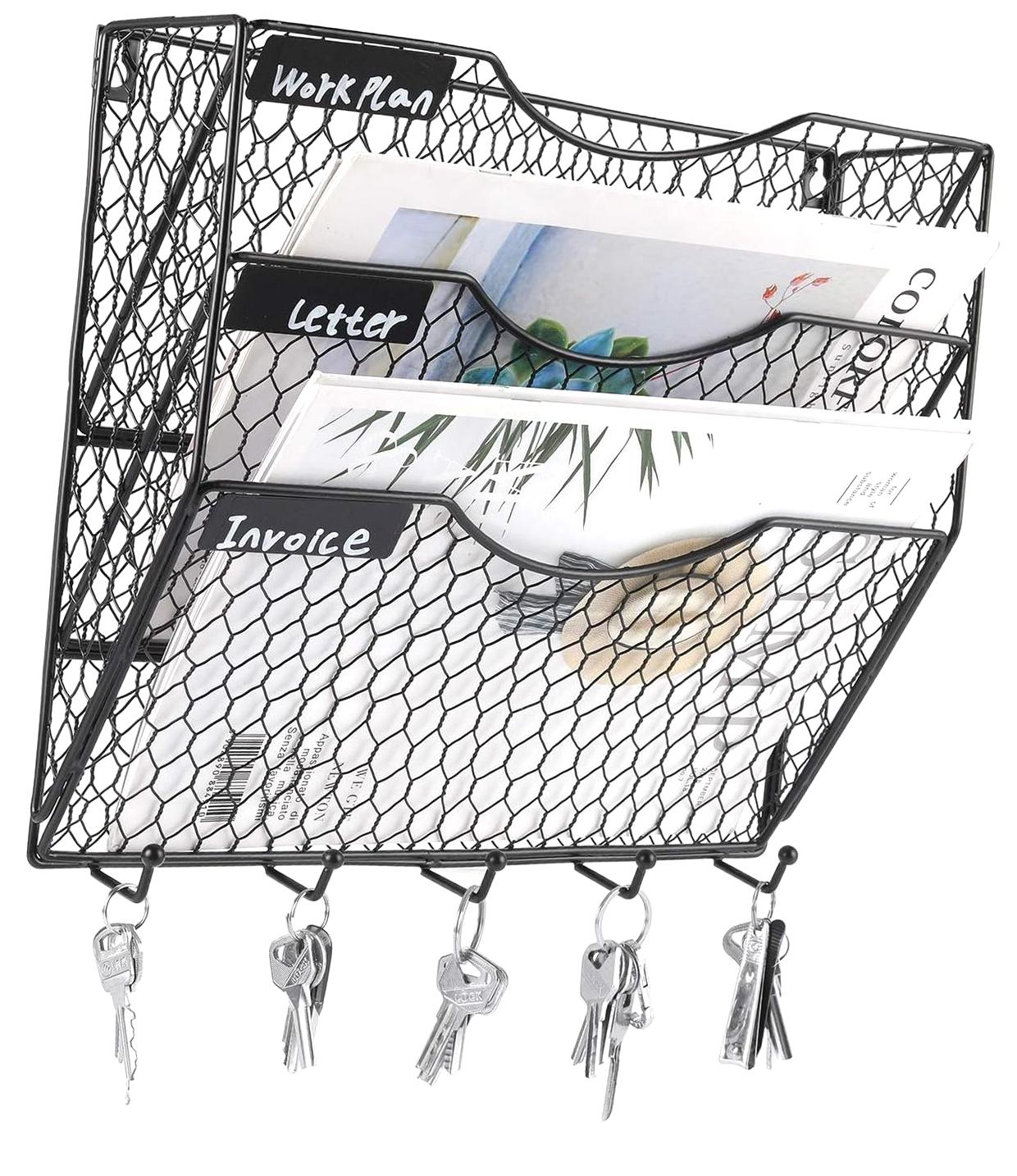 Hidove Metal Mesh Wall File Organizer – 5 Hook Hanging Mail Sorter – 3 ...