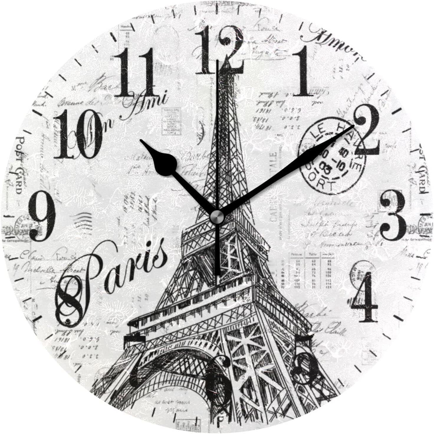 Hidove Paris Eiffel Tower Wall Clock, Silent Non Ticking 10 Inch ...