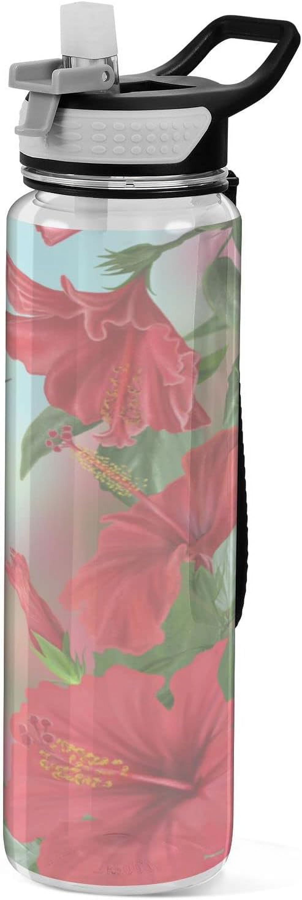 Hidove Red Hibiscus 32oz Leakproof Clear Sports Water Bottle with Straw