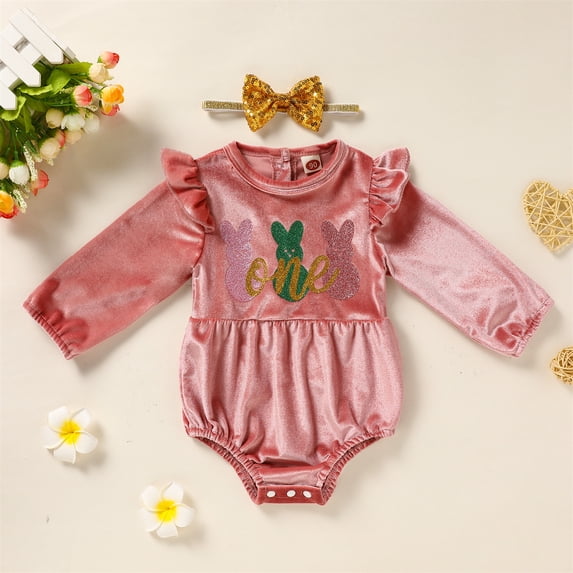 Zukuco 2Pcs Baby Girls My First Birthday Outfit Velvet Long Sleeve One Year Old Romper Bodysuit Headband Clothes, 9-12 Months