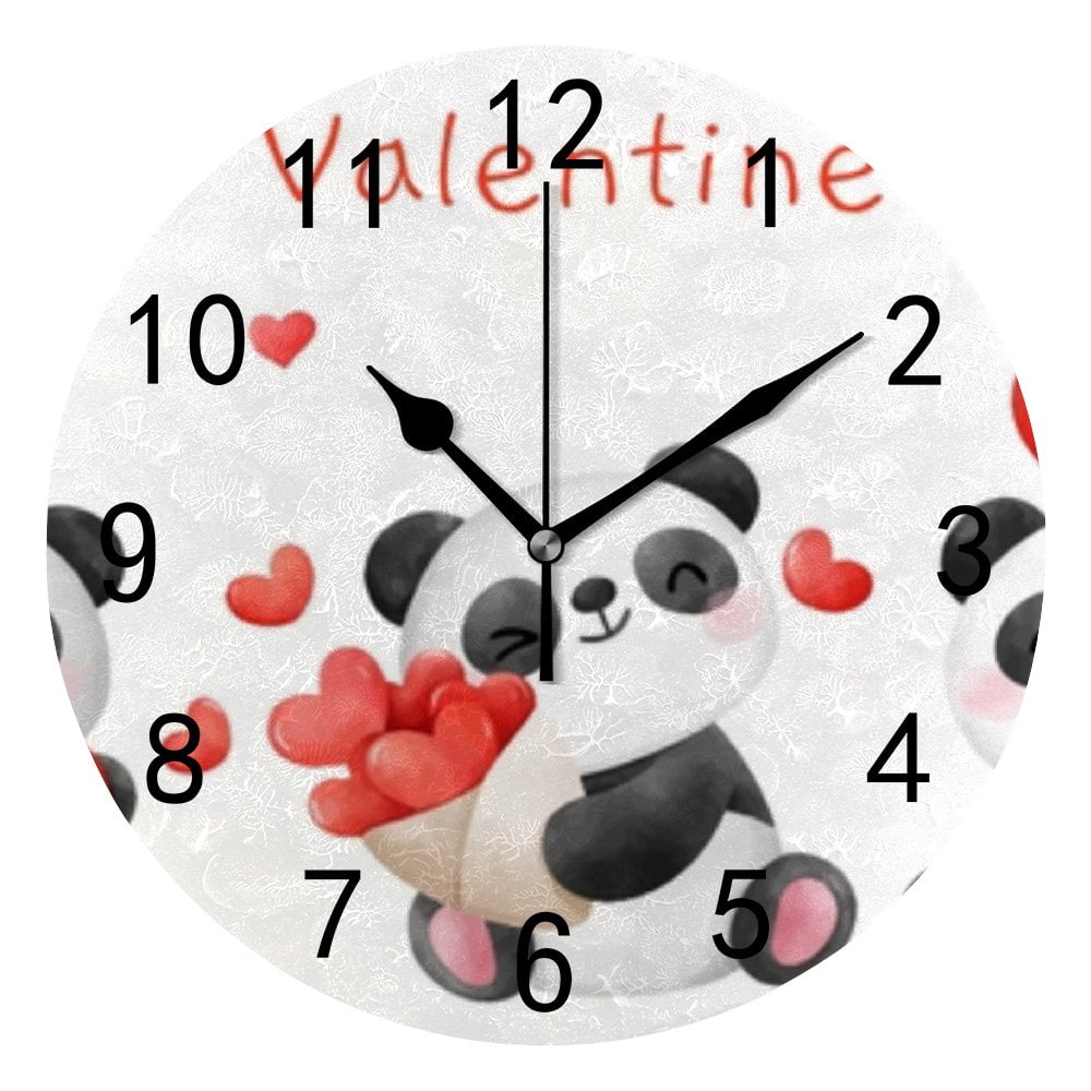 Hidove Round Wall Clock Home Decorative, Baby Panda Bear with Red Heart