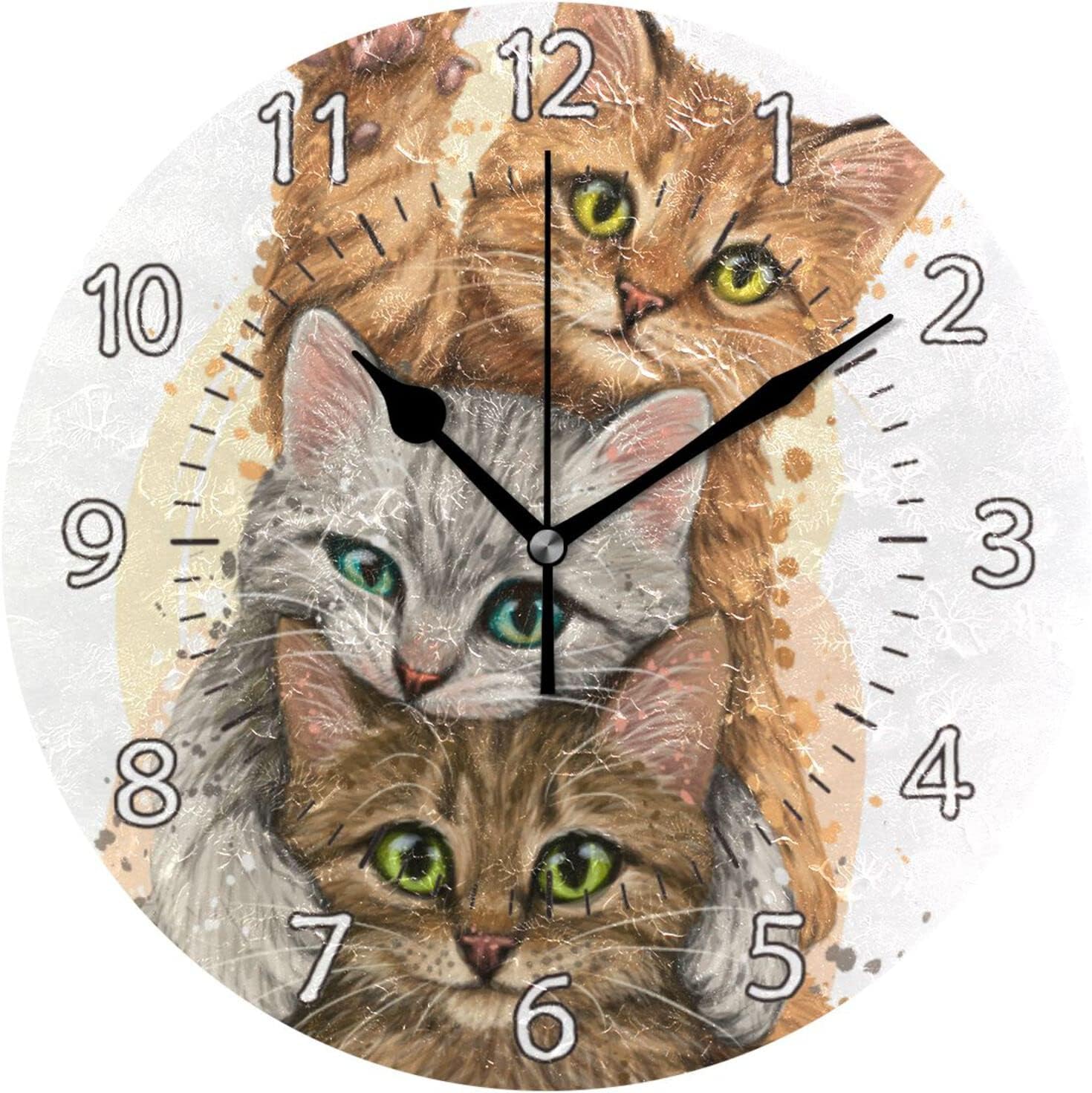 Hidove Three Cute Kittens Wall Clock, Silent Non Ticking 10 Inch