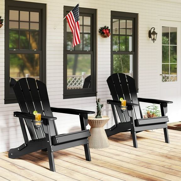 Hidpriva 2PC Folding Adirondack Chair, HDPE All-Weather Resistant Patio Chair, Oversized Folding Eco-Friendly Chair for Outdoor, Patio, Lawn, Garden, Backyard Deck, Fire Pit, Black