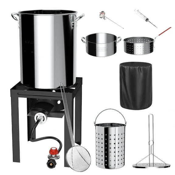 Hidpriva 30QT Stainless Steel Turkey Fryer Kit&10QT Fish Fryer Pot w/ Basket, 55000 Btu Propane Burner Stove, 12-inch Skimmer and Waterproof Cover