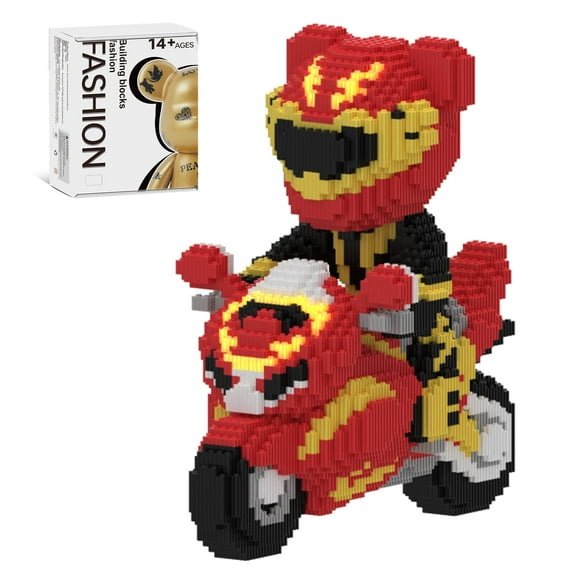 Hidpriva 5000PCS Bear Building Blocks,Home & Office Decor Bear Display Model, Fluorescence Design Micro 3D Animal Building Blocks, Red Motorcycle Bear