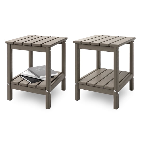 Hidpriva Set of 2 Adirondack Outdoor Side Table, 2-Tier HDPE Weather Resistant Patio End Table, Brown Wood Grain
