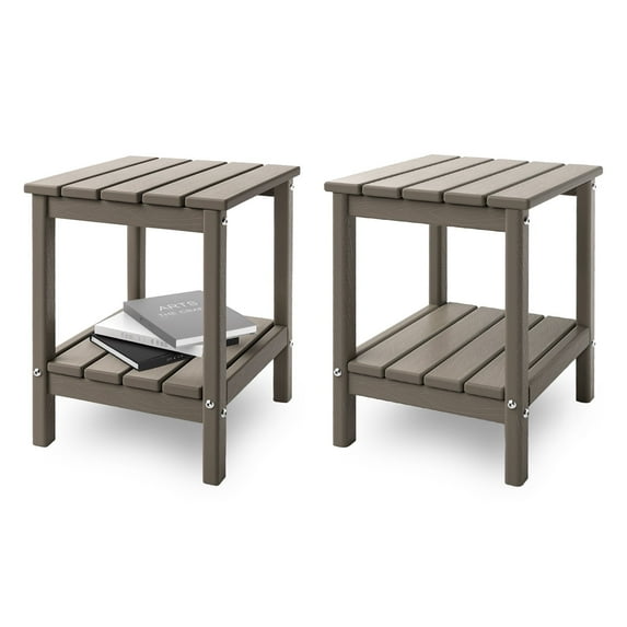 Hidpriva Set of 2 Adirondack Outdoor Side Table, 2-Tier HDPE Weather Resistant Patio End Table, Brown Wood Grain