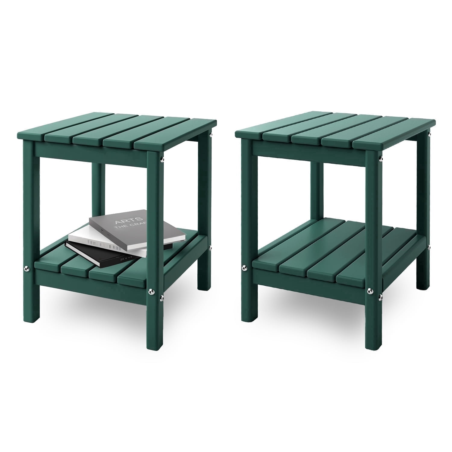 Hidpriva Set of 2 Adirondack Outdoor Side Table, 2-Tier HDPE Weather Resistant Patio End Table, Dark Green