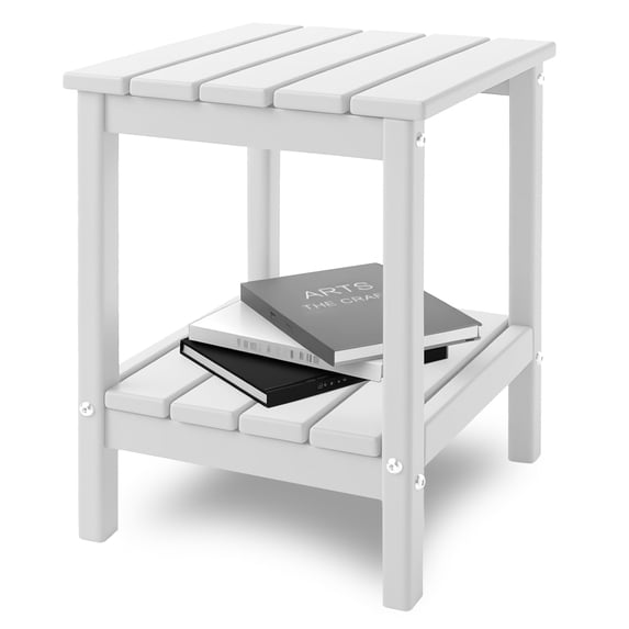 Hidpriva Adirondack Outdoor Side Table, 2-Tier HDPE Weather Resistant Patio End Table for Poolside Porch Backyard Patio Lawn, White