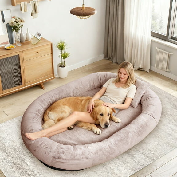 Hidpriva Human Dog Bed for Adults, 71" Extra Large Human-Sized Dog Bed, Washable Faux Fur with Blanket and Pillow, Camel