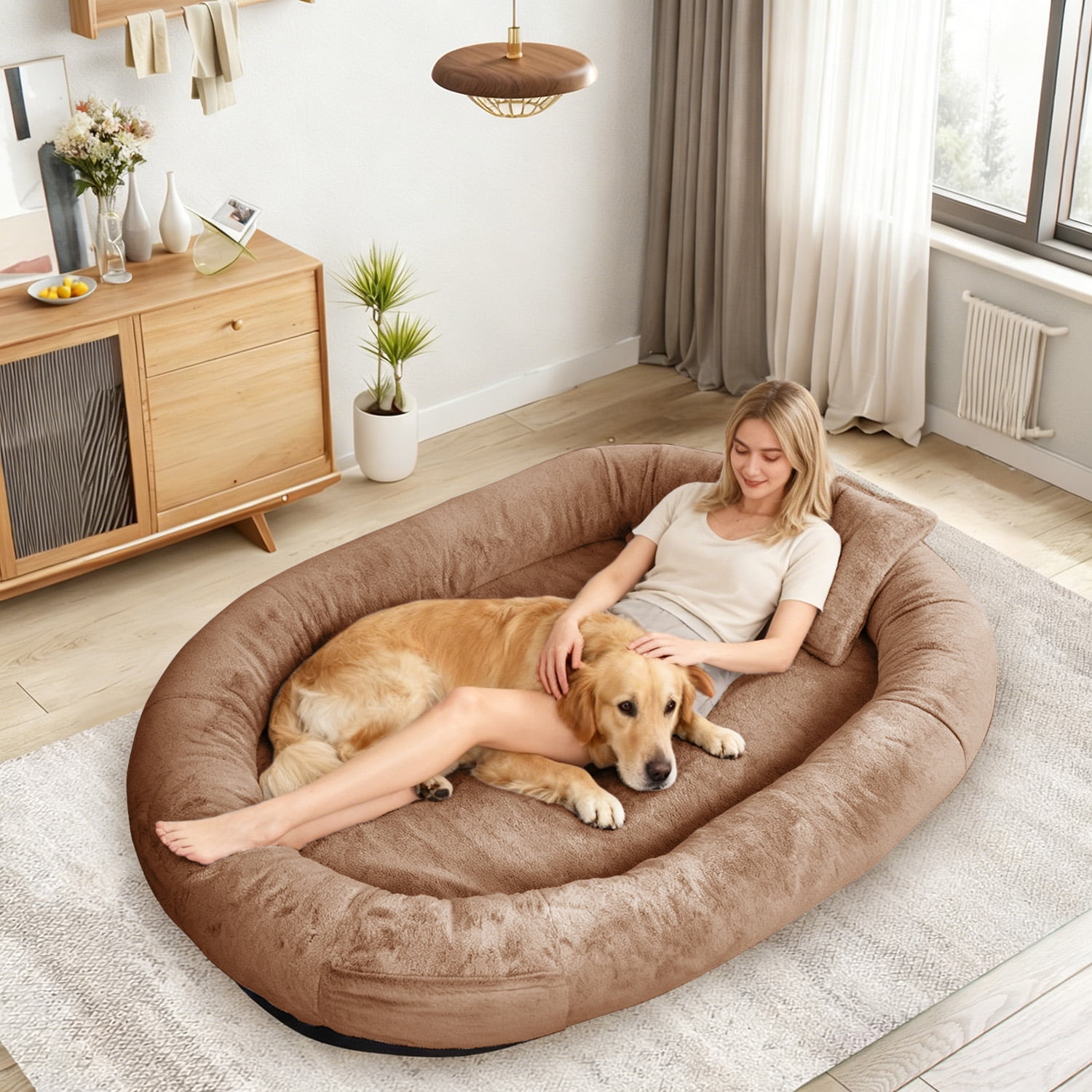 Hidpriva Human Dog Bed for Adults, 71" Extra Large Human-Sized Dog Bed, Washable Faux Fur with Blanket and Pillow,Dark Brown