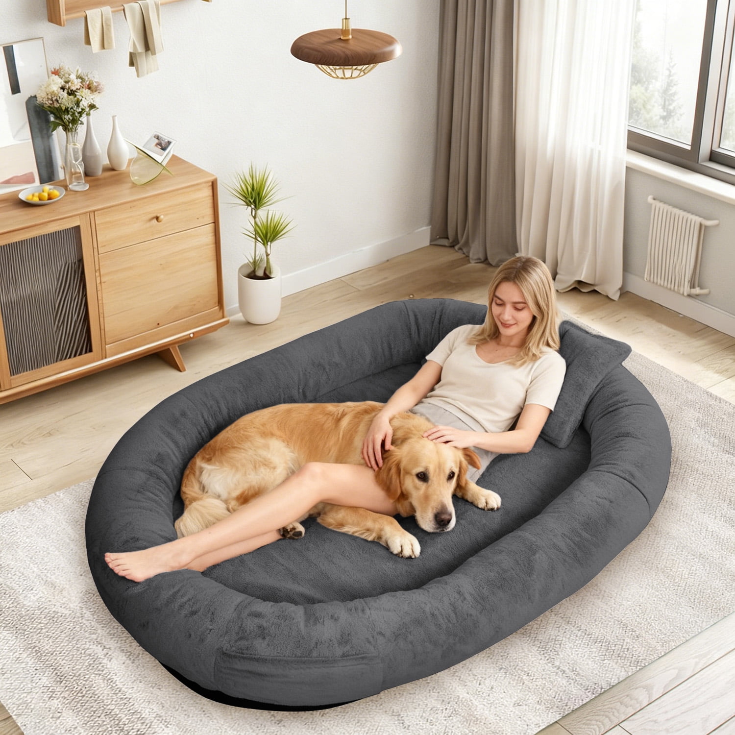 Hidpriva Human Dog Bed for Adults, 71" Extra Large Human-Sized Dog Bed, Washable Faux Fur with Blanket and Pillow,Dark Grey