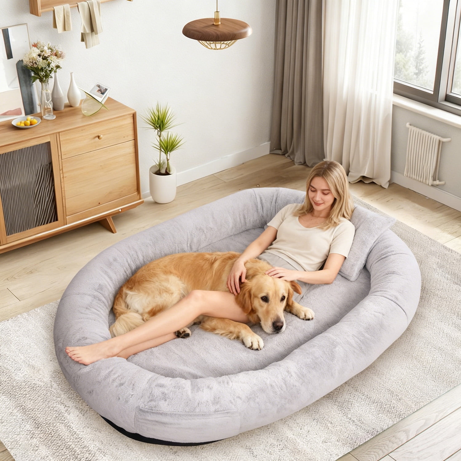 Hidpriva Human Dog Bed for Adults, 71" Extra Large Human-Sized Dog Bed, Washable Faux Fur with Blanket and Pillow, Gray