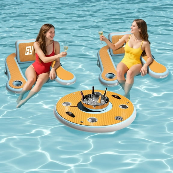 Hidpriva Inflatable Floating Set, 2 Floating Chairs+ 1 Floating Bar, 4.2×3.7ft Inflatable Lounge Chairs with Round Floating Bar for Lakes, Pools, Boats
