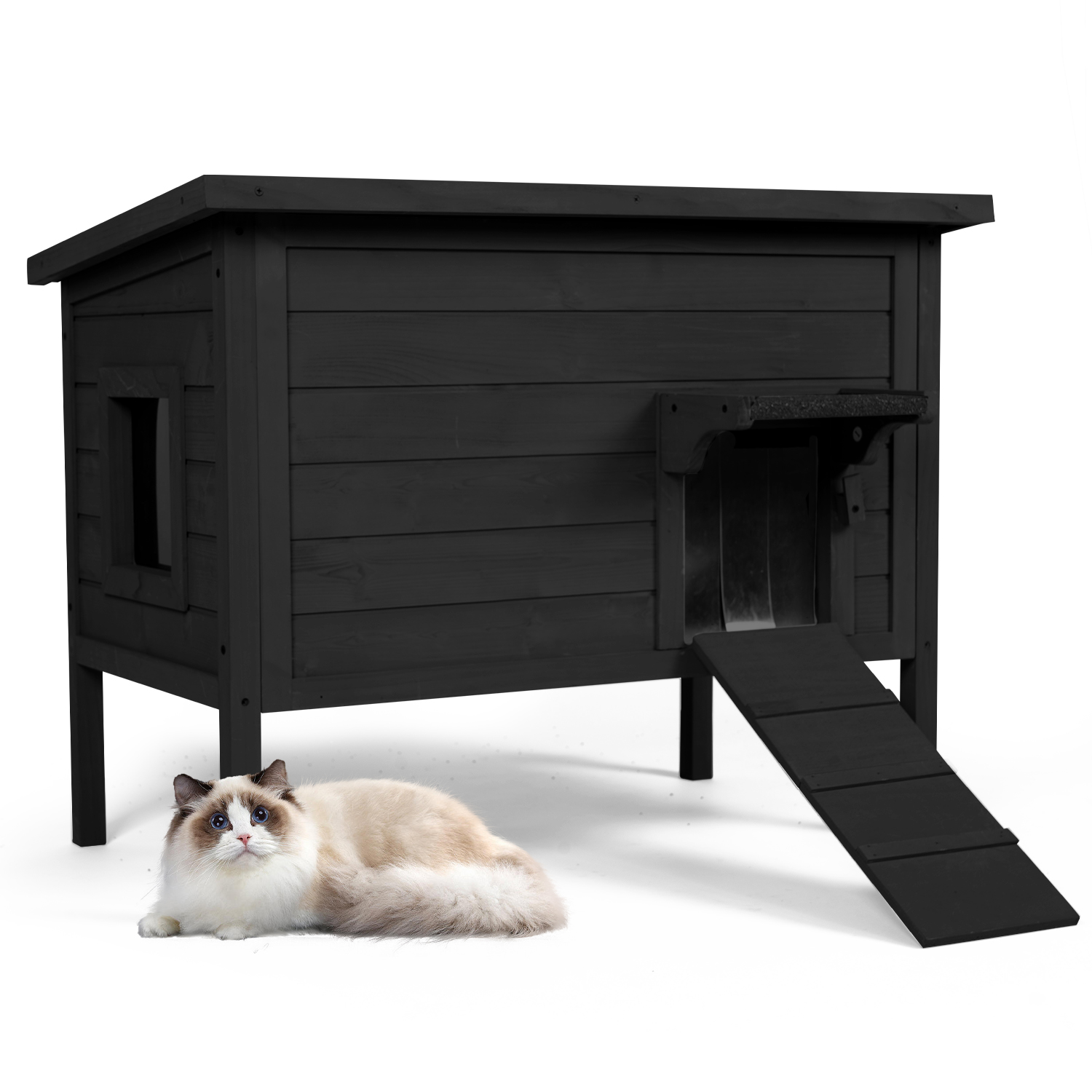 Hidpriva Insulated Wooden Outdoor Cat House, Weather-Resistant Feral Cat Shelter for Winter w/ Foldable Ladder & Visible Window, Black