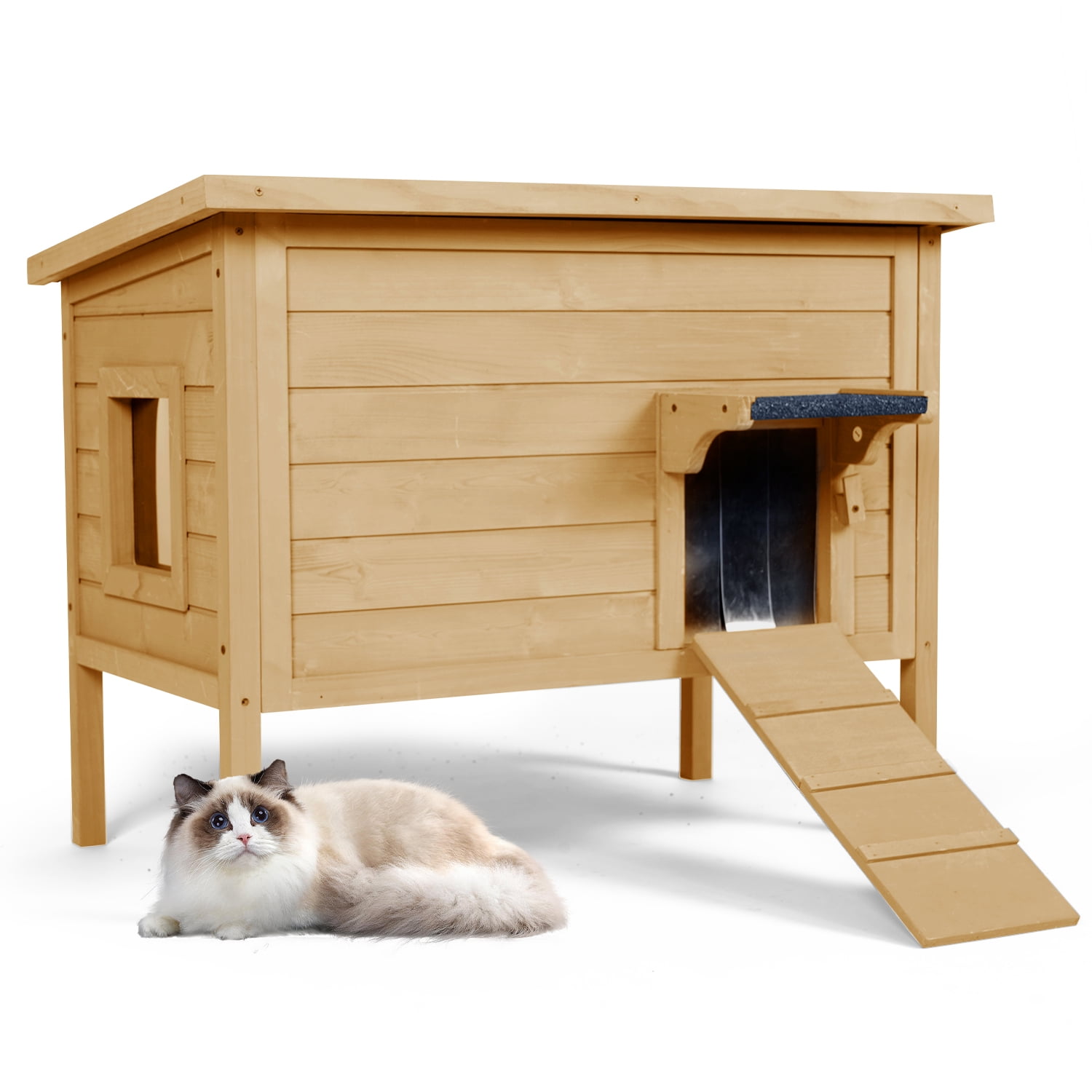 Hidpriva Insulated Wooden Outdoor Cat House, Weather-Resistant Feral Cat Shelter for Winter w/ Foldable Ladder & Visible Window, Brown
