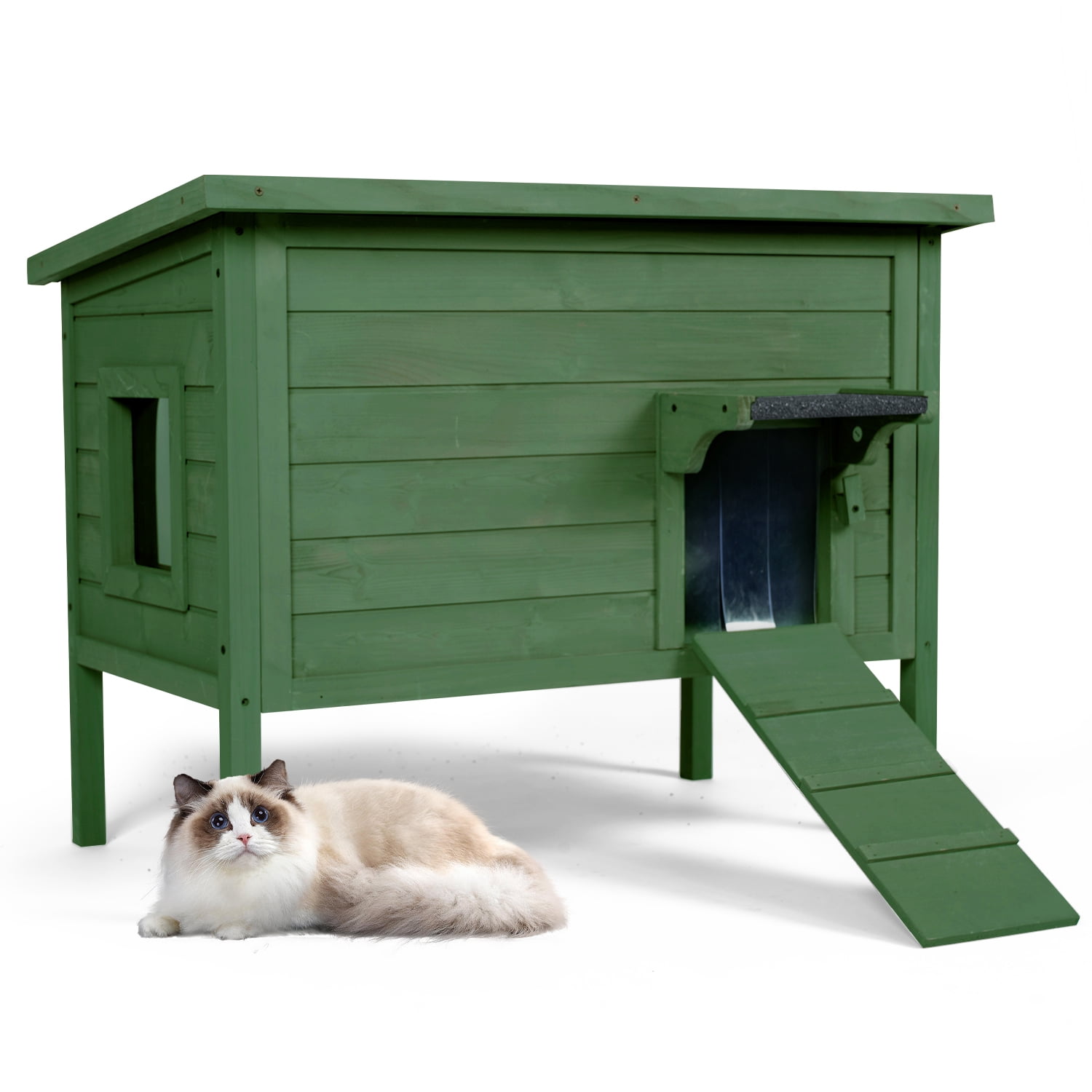 Hidpriva Insulated Wooden Outdoor Cat House, Weather-Resistant Feral Cat Shelter for Winter w/ Foldable Ladder & Visible Window, Dark Green