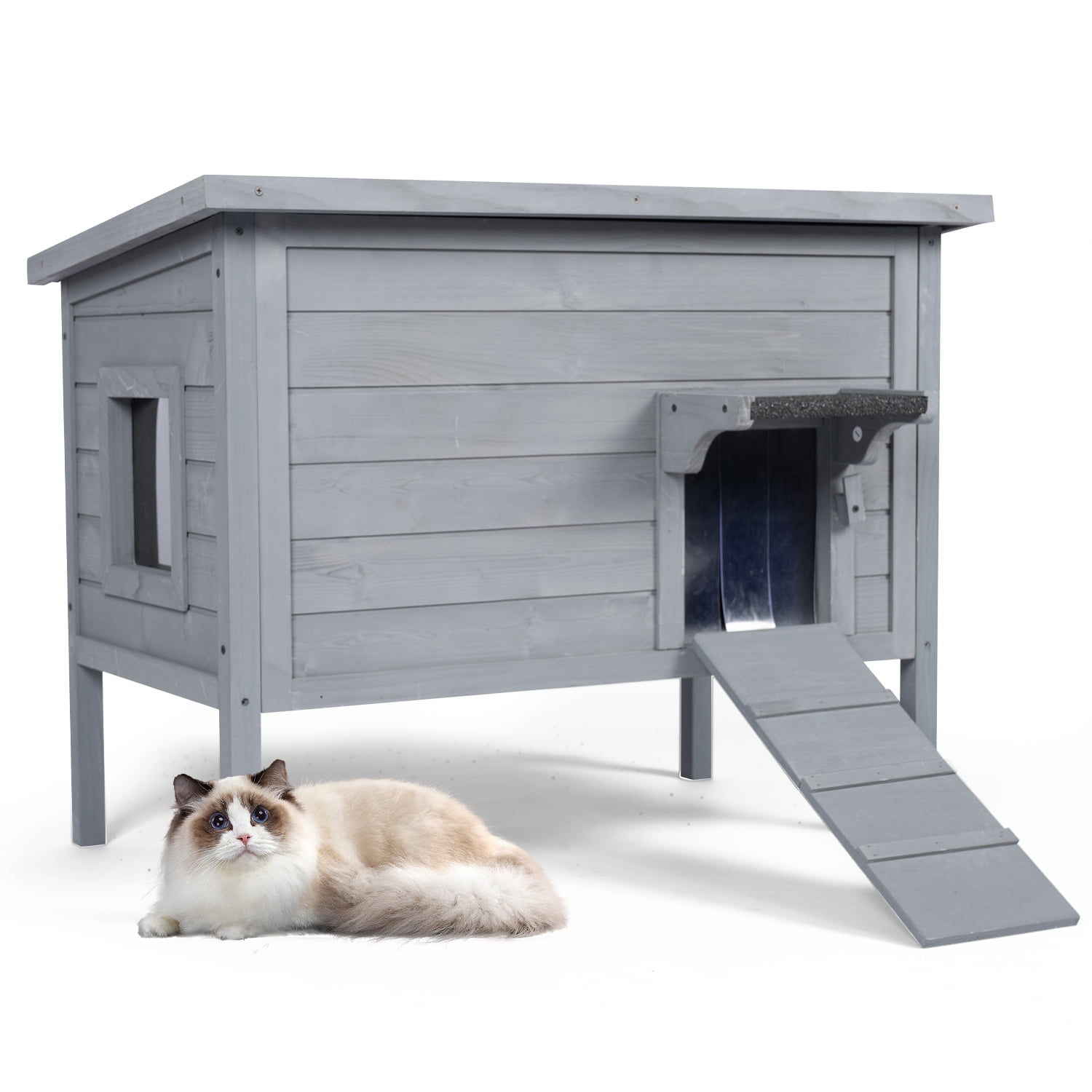 Hidpriva Insulated Wooden Outdoor Cat House, Weather-Resistant Feral Cat Shelter for Winter w/ Foldable Ladder & Visible Window, Gray