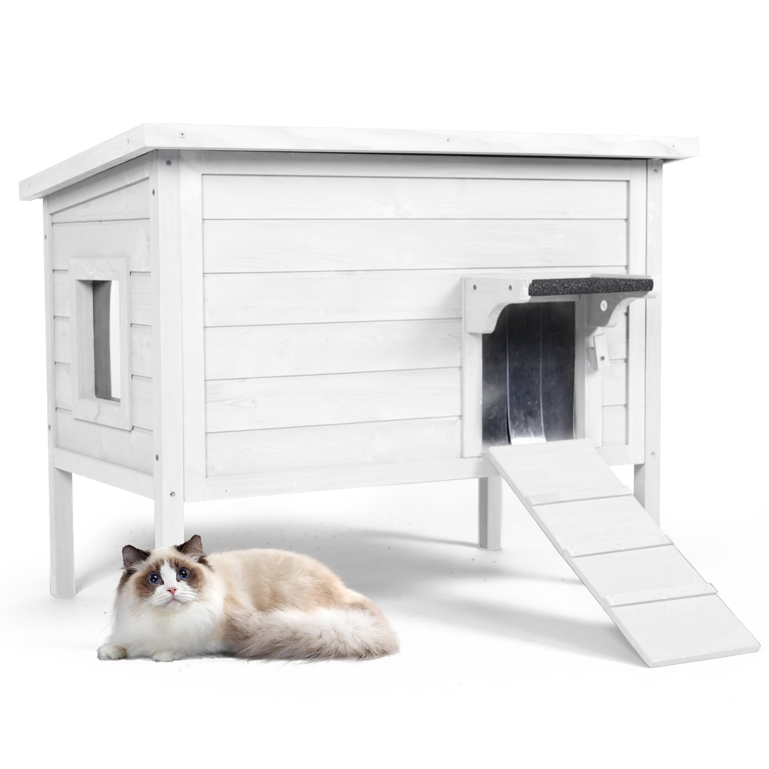 Hidpriva Insulated Wooden Outdoor Cat House, Weather-Resistant Feral Cat Shelter for Winter w/ Foldable Ladder & Visible Window, White