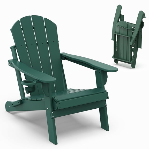 Hidpriva Outdoor Folding Adirondack Chair with Cup Holder, HDPE Weather Resistant Fire Pit Chair, Dark Green