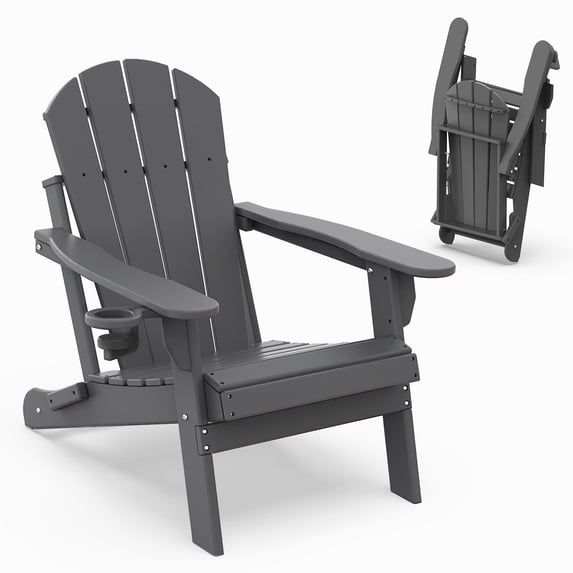 Hidpriva Outdoor Folding Adirondack Chair with Cup Holder, HDPE Weather Resistant Fire Pit Chair, Grey