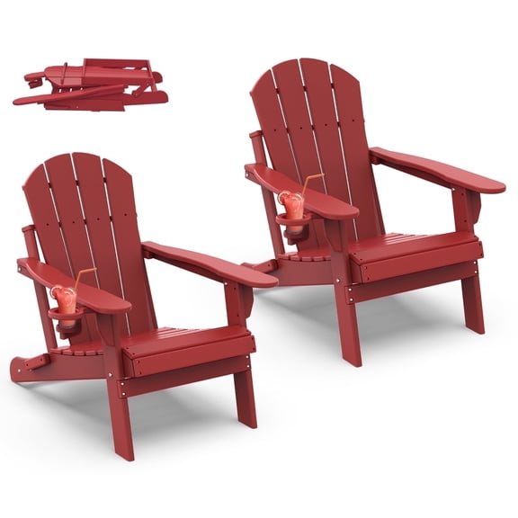 Hidpriva Outdoor Folding Adirondack Chair with Cup Holder, HDPE Weather Resistant Fire Pit Chair, Red(Set of 2)