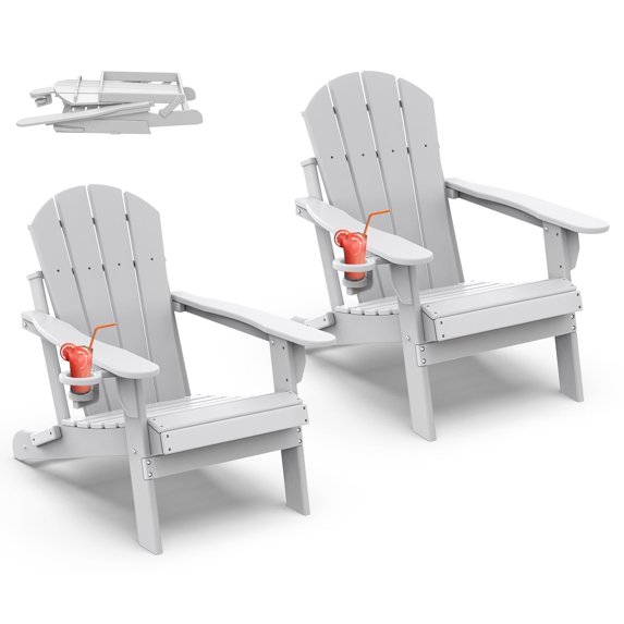 Hidpriva Outdoor Folding Adirondack Chair with Cup Holder, HDPE Weather Resistant Fire Pit Chair, White(Set of 2)