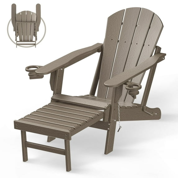 Hidpriva Outdoor Folding Adirondack Chair with Ottoman and Cup Holder, HDPE Weather Resistant Fire Pit Chair with Retractable Footrest, Wood