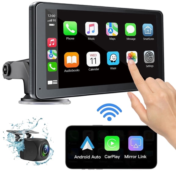 Hieha Car Stereo,Wireless Apple Carplay & Android Auto 7" Touch Screen Car Audio Receiver, Backup Camera, Bluetooth, Voice Control, AUX/USB/TF,12V-24V